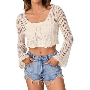 Women's Bell Long Sleeve Tie Up Front Hollow Out Sheer Knit Crop Cardigan
